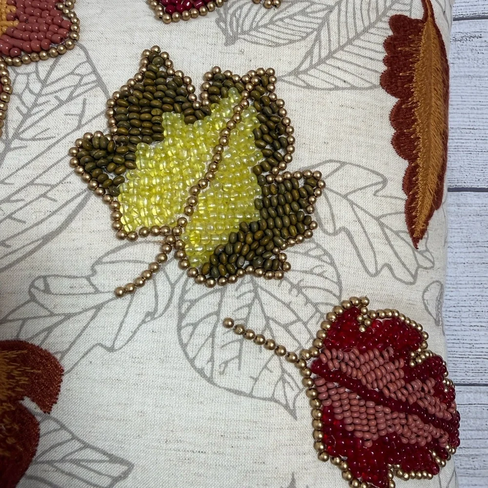 Pier 1 Beaded Autumn Leaves Decorative Throw Pillow 16” Fall Harvest